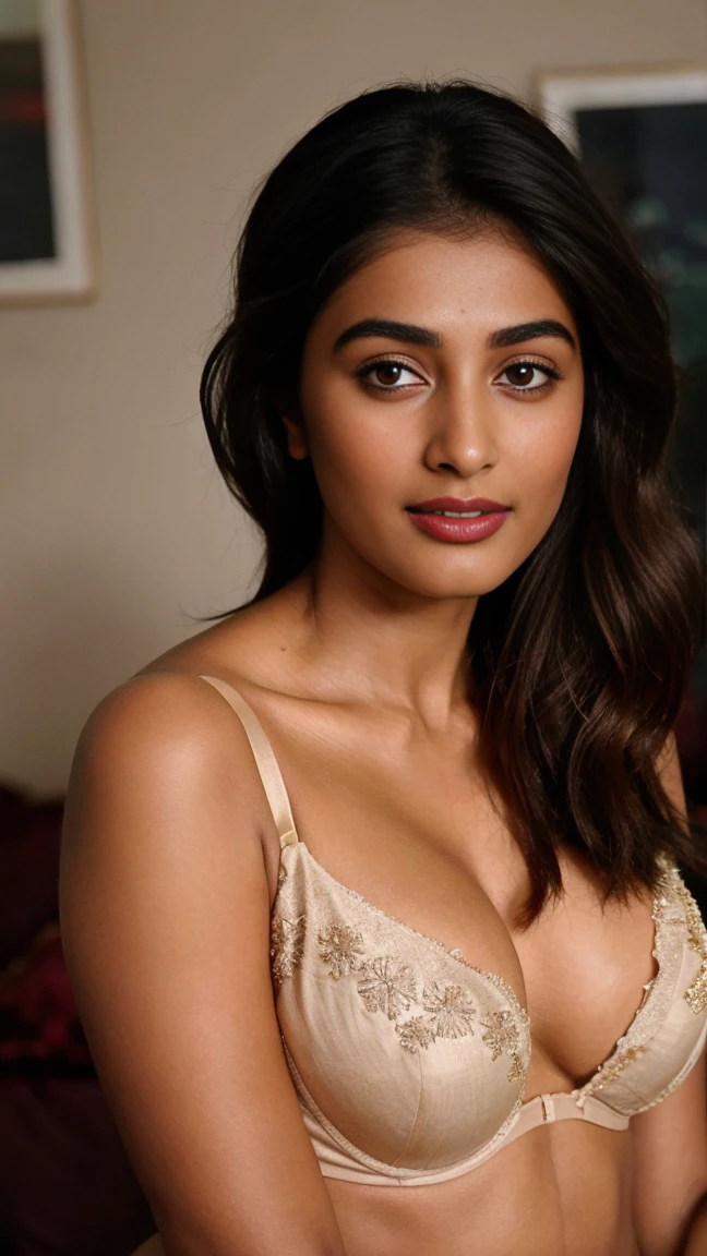 close up photo of 30 years old pooja hegde, in bedroom, lingerie