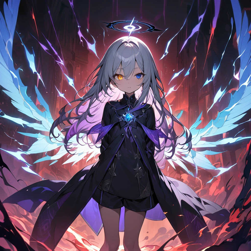 elementary, Shadow Surrounding Girl, lightning, Green Aura, Red aura, Purple aura, Flames surrounding the girl, masterpiece, Dark Theme, Highest quality, Maximum details, Very fine eye, Professional coloring, cinematic lightning, Remaining, Written boundary depth, Backlight, One Girl, Young girl, Silver Hair, Long Hair, Hair between the eyes, Black Halo, Shining blue sea, Blue Flame, Large, black, translucent magical wings on his back, Fantasy-inspired costumes, Black long coat, shirt, Black trousers, Expressionless, Heterochromia iridis, Deep purple left eye, Blue right eye, Odd Eye, Show a close-up of your face, Facing forward, Countless magical swords are floating, Slashing Effects, Hall々Stand with, There is a magic circle in my eyes