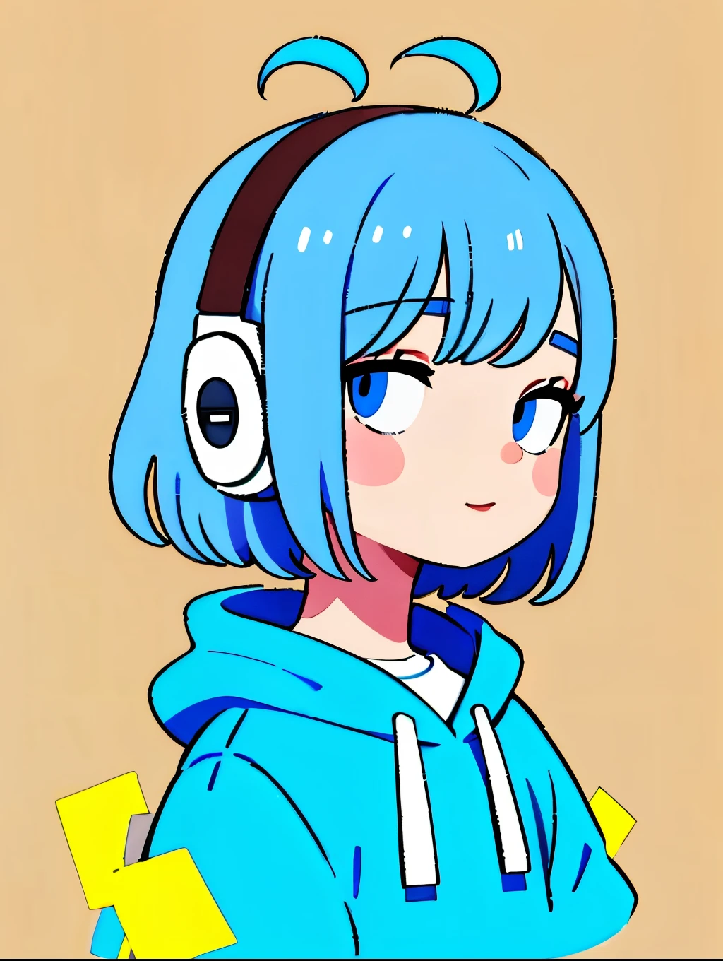 Mash Hair　Short Hair　Blue hair　Wearing a blue hoodie　　I'm wearing headphones　1 male　smile　Yellow irises　Narrow eyes　cheeks are white　The whole body is shown　Looking into the distance　Right hand on forehead