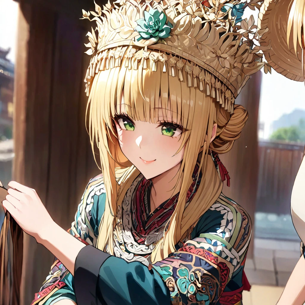 ((Highest quality)), ((masterpiece)), (detailed), (Perfect Face)、The woman is a Tier, with green eyes, medium blonde hair, ethnic medicine and a gorgeous hat.、Smiling with a gentle smile、The woman is being shown her outfit