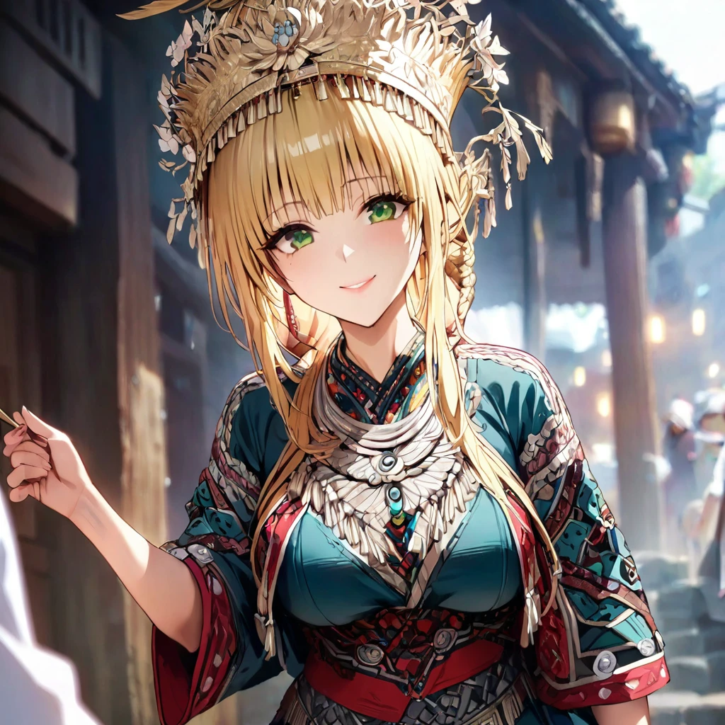 ((Highest quality)), ((masterpiece)), (detailed), （Perfect Face）、The woman is a Tier, with green eyes, medium blonde hair, ethnic medicine and a gorgeous hat.、Smiling with a gentle smile、The woman is being shown her outfit