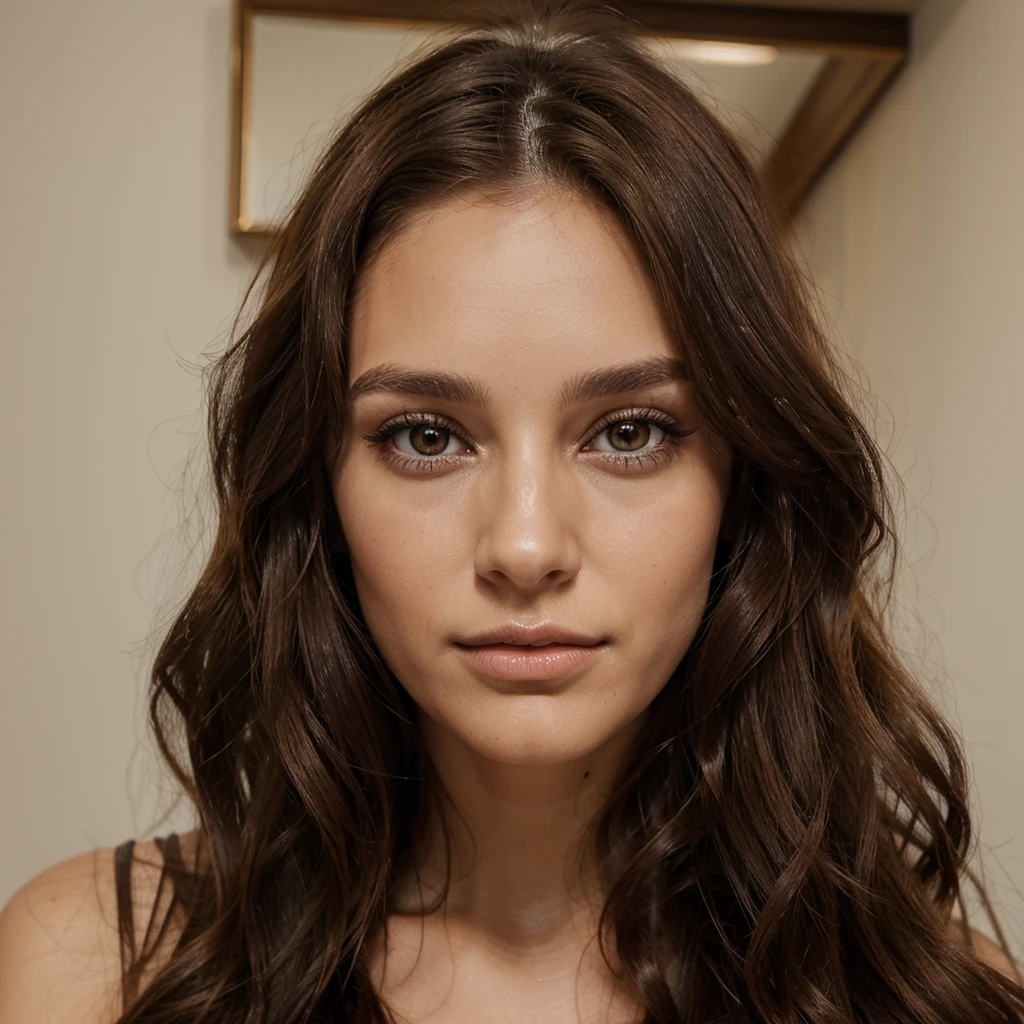 29 year old woman, long brown hair a little curly, Brown eyes, visage parfait, professional makeup like model, C et portant un pull