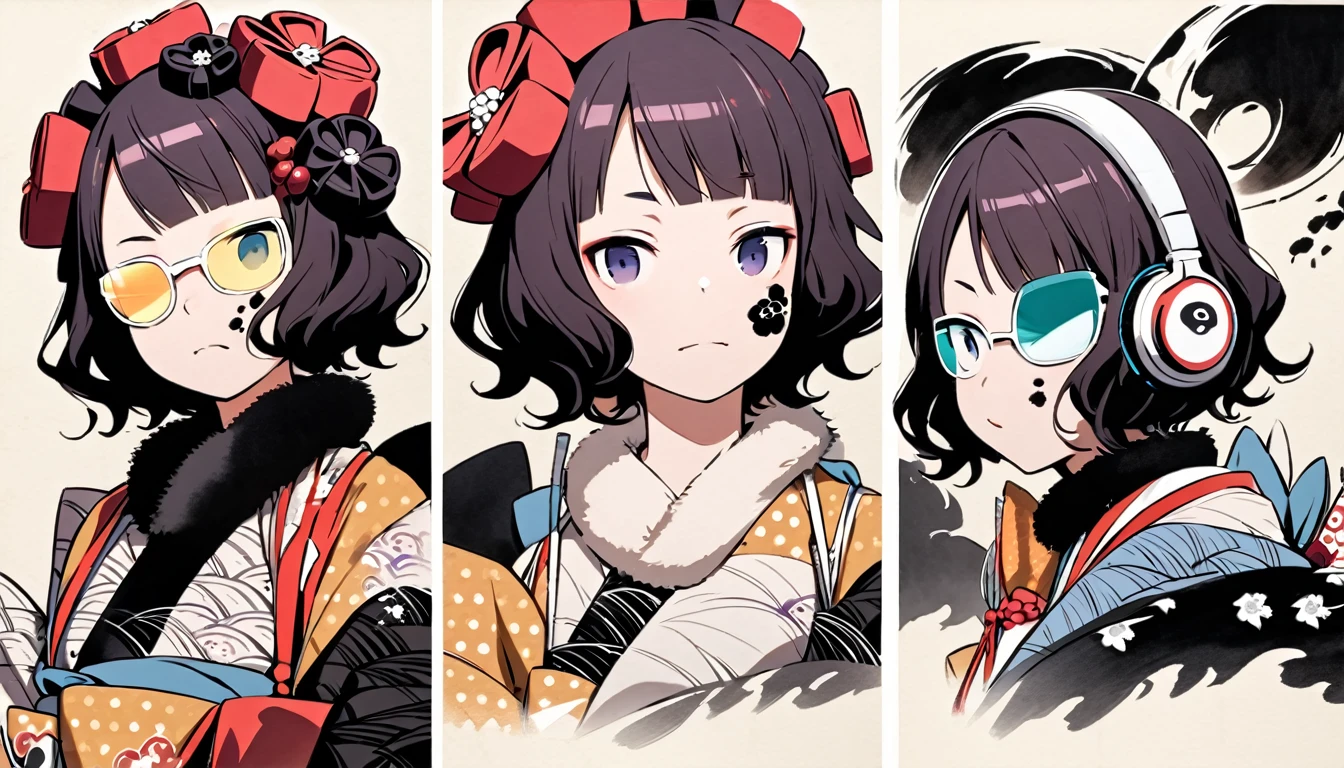(((Katsushika Hokusai))), (((Ink Painting))), ((Japanese style headphones)), (((Japanese pattern paint on face))), ((Light colored sunglasses))