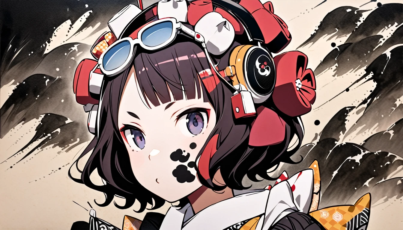 (((Katsushika Hokusai))), (((Ink Painting))), ((Japanese style headphones)), (((Japanese pattern paint on face))), ((Light colored sunglasses))