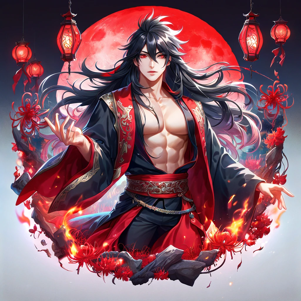 absurdres, highres, ultra detailed, HDR, master piece, best quality, extremely detailed face, delicated features, Xue Yu, untamed spiky hair, black hair, long hair, hair between the eyes, expressive red eyes, Thousand Years War, solo, sexy man, handsome, toned chest, black haori, red fantasy robes, black pants, red moon, red blood, fantasy, magic, envy magical, forest, red spider lilies, red lanterns, red fire, red floating round lights