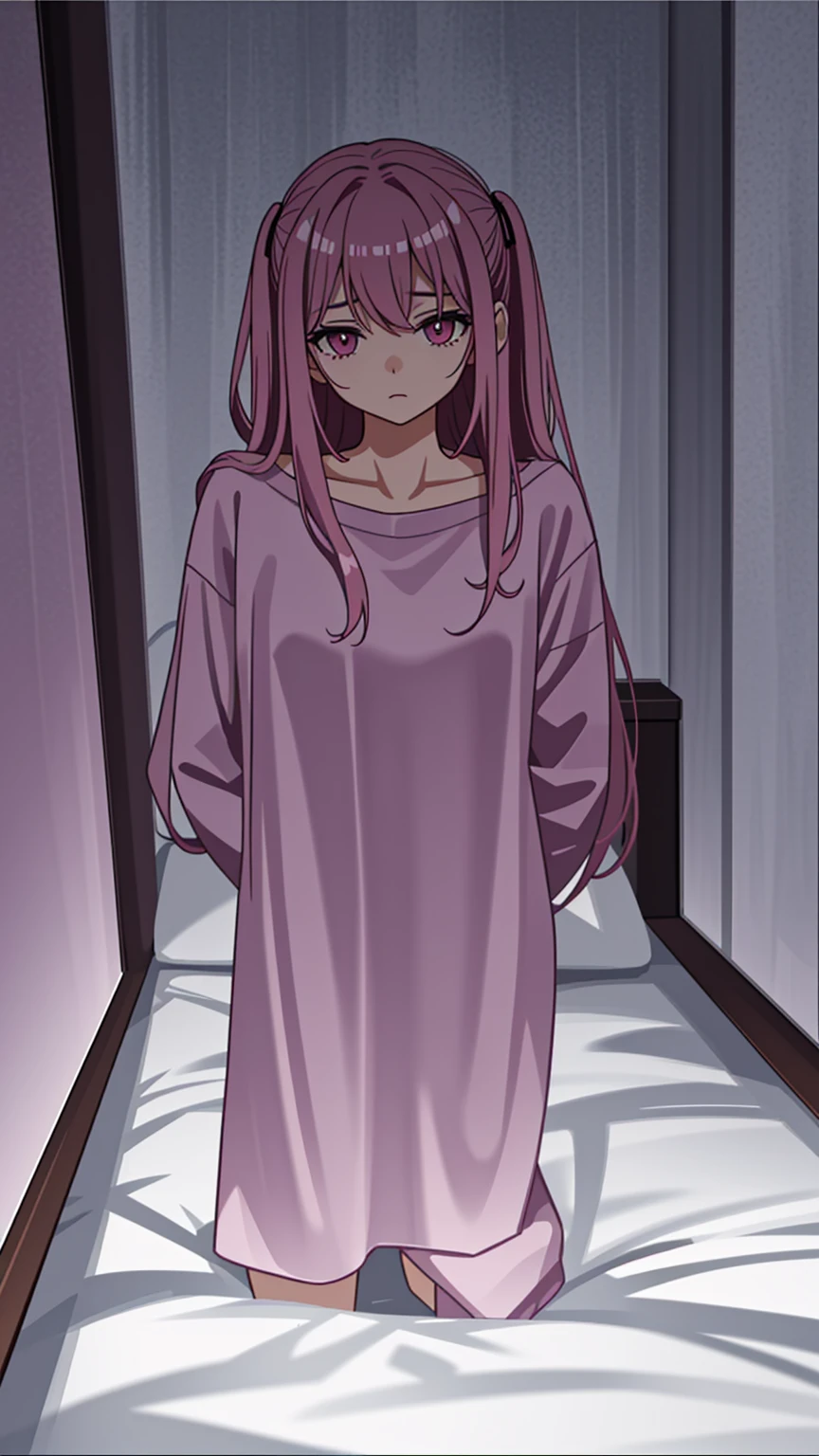 Adult woman, pink eyes, depression, bedroom