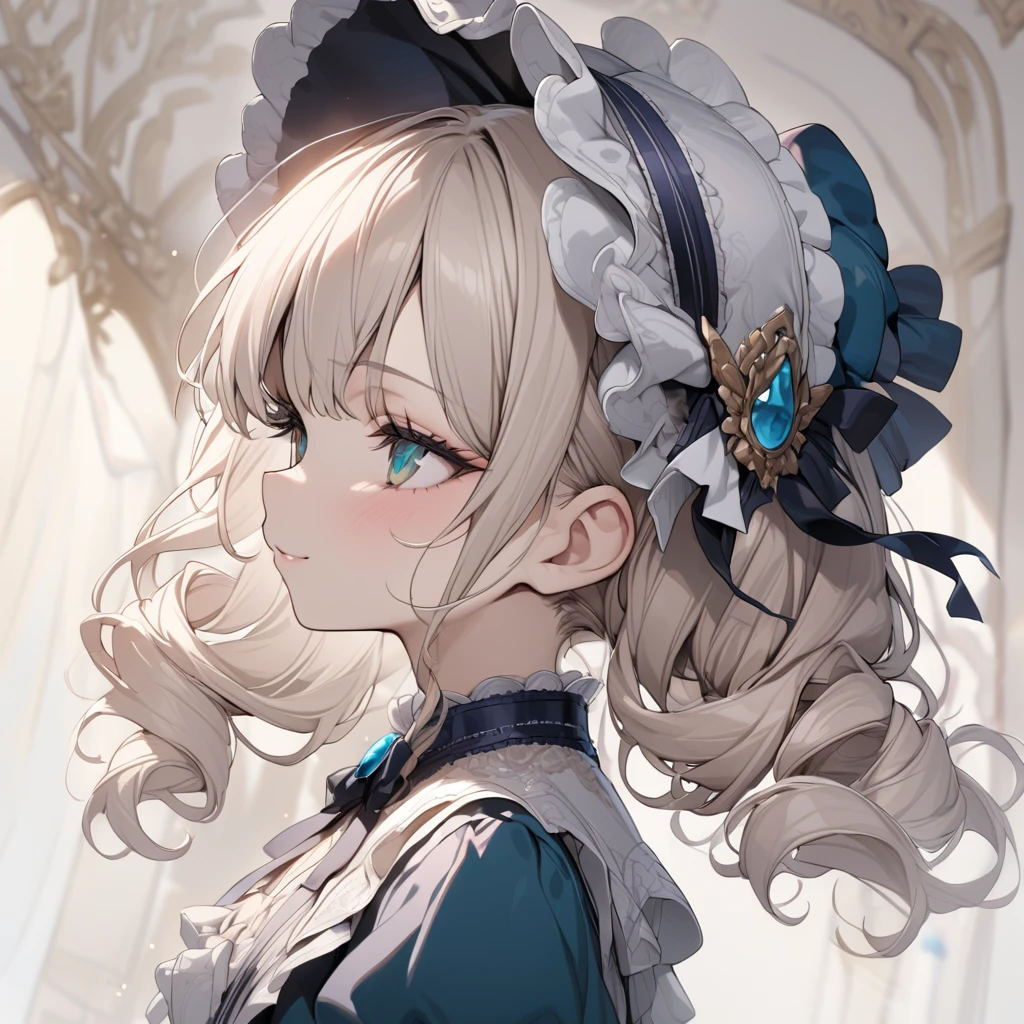 Platinum Blonde hair,sidecurls,curls,emerald green eyes,long eyelashes,(light pink victorian dress),puffy short sleeves,frilled dress,frilly wide brimmed Bonnet with bows,bustshot,masterpiece,highress,soft smile,bishoujo,peterpan collar,profile,white accents,white trim,white frills,sidelock