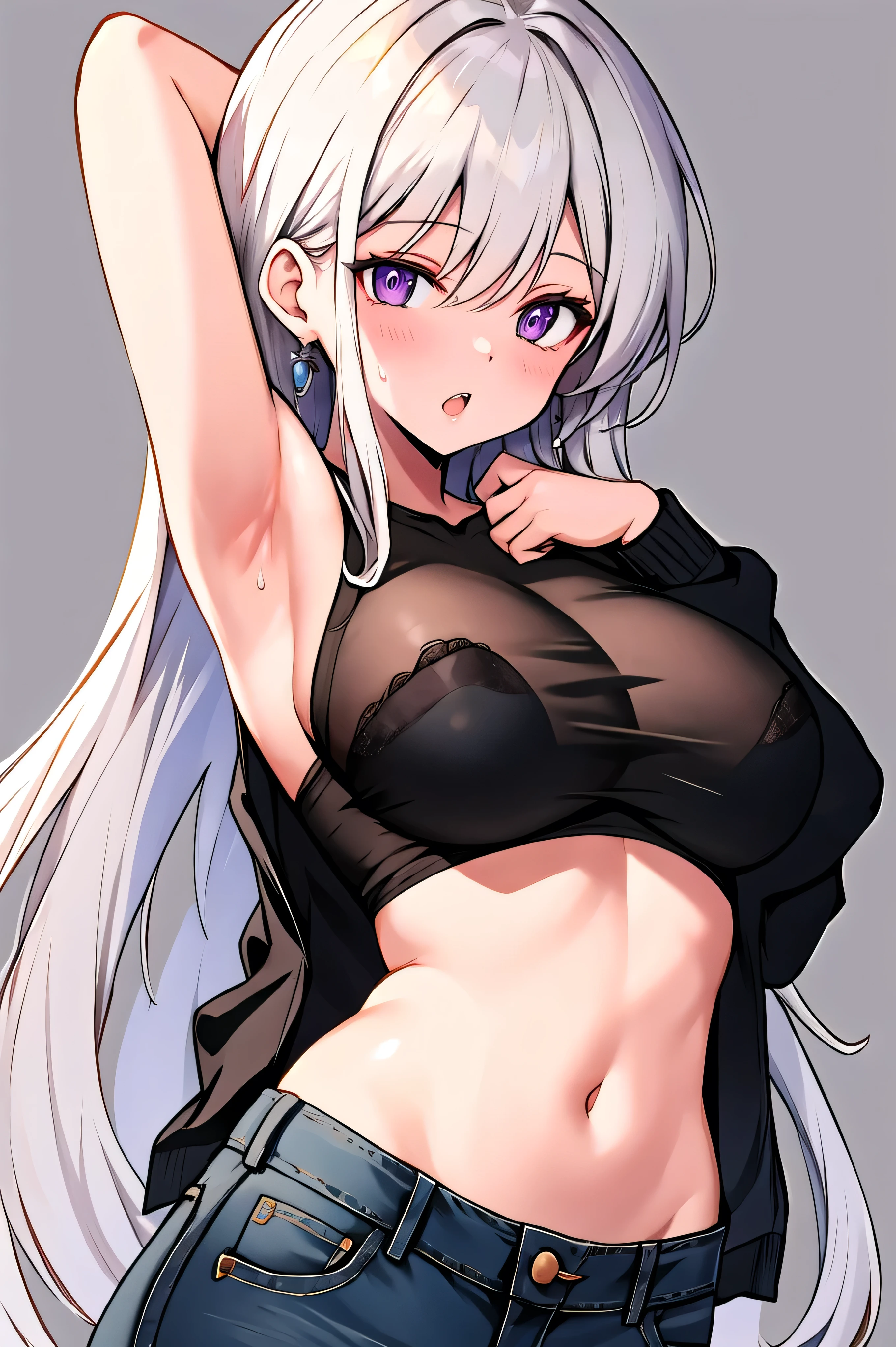 enterprise_(azur_lane) 1girl :o alternate_costume arm_behind_head bare_shoulders black_shirt blush breasts denim grey_hair gyaru hand_in_own_hair jeans large_breasts long_hair long_sleeves looking_at_viewer navel open_mouth pants purple_eyes shirt simple_background solo sweat sweatdrop upper_body white_background, highres, absurdres, incredibly absurdres, lowres