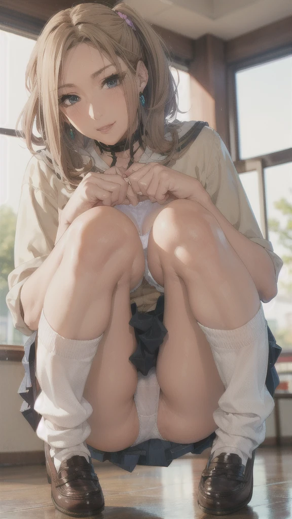 ((Correct Anatomy)),(Female student),((school uniform)),((Sailor suit)),((White lace panties)),(Mini Pleated Skirt),(((White loose socks))),((squat)),Ultra-high resolution,Mature Woman, Mature Woman, Very detailed,Sunburned skin,Brown Skin,((Beautiful feet)),(Big Breasts),((Beautiful legs)),Perfect hands, Detailed fingers, Beautiful details, ((Long blonde hair)),((ponytail)),Black Choker, Earrings,loafers,Embarrassing,Perfect Eyes, Captivating eyes,(School)