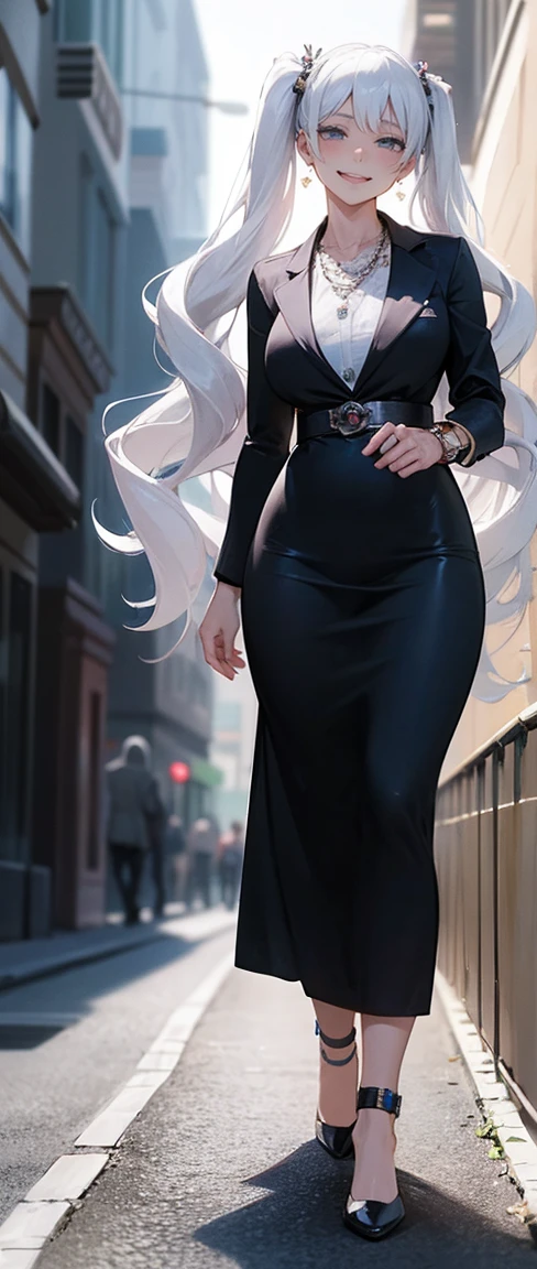 High resolution, high resolution,2D Anime Style,,Gal woman,tall,Late teens,White hair long hair,Curly hair twin tails,Light blue eyes,gal,Beautiful watch,Beautiful earrings,Lots of beautiful necklaces,GAL Fashion,He is smiling,Has fangs,whole body,Walking around the city,