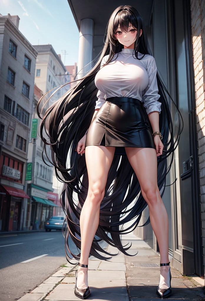 beautiful girl、Big Breasts、Black Hair、long hair、Muscular、Abdominal muscles、Toned Legs、White shirt、skirt、Black Pantyhose、shoes、Are standing、The whole body is visible、Around town、A gentle smile、One girl