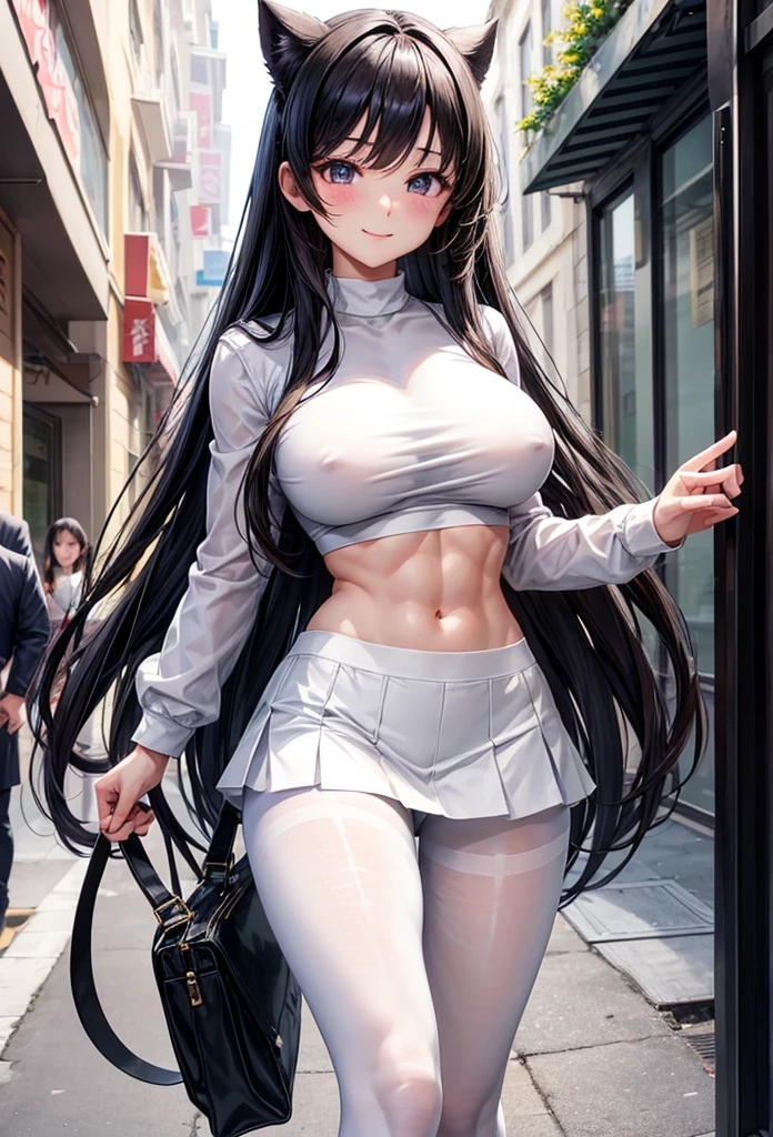 beautiful girl、Big Breasts、Black Hair、long hair、Muscular、Abdominal muscles、Toned Legs、White shirt、skirt、Black Pantyhose、shoes、Are standing、The whole body is visible、Around town、A gentle smile、One girl