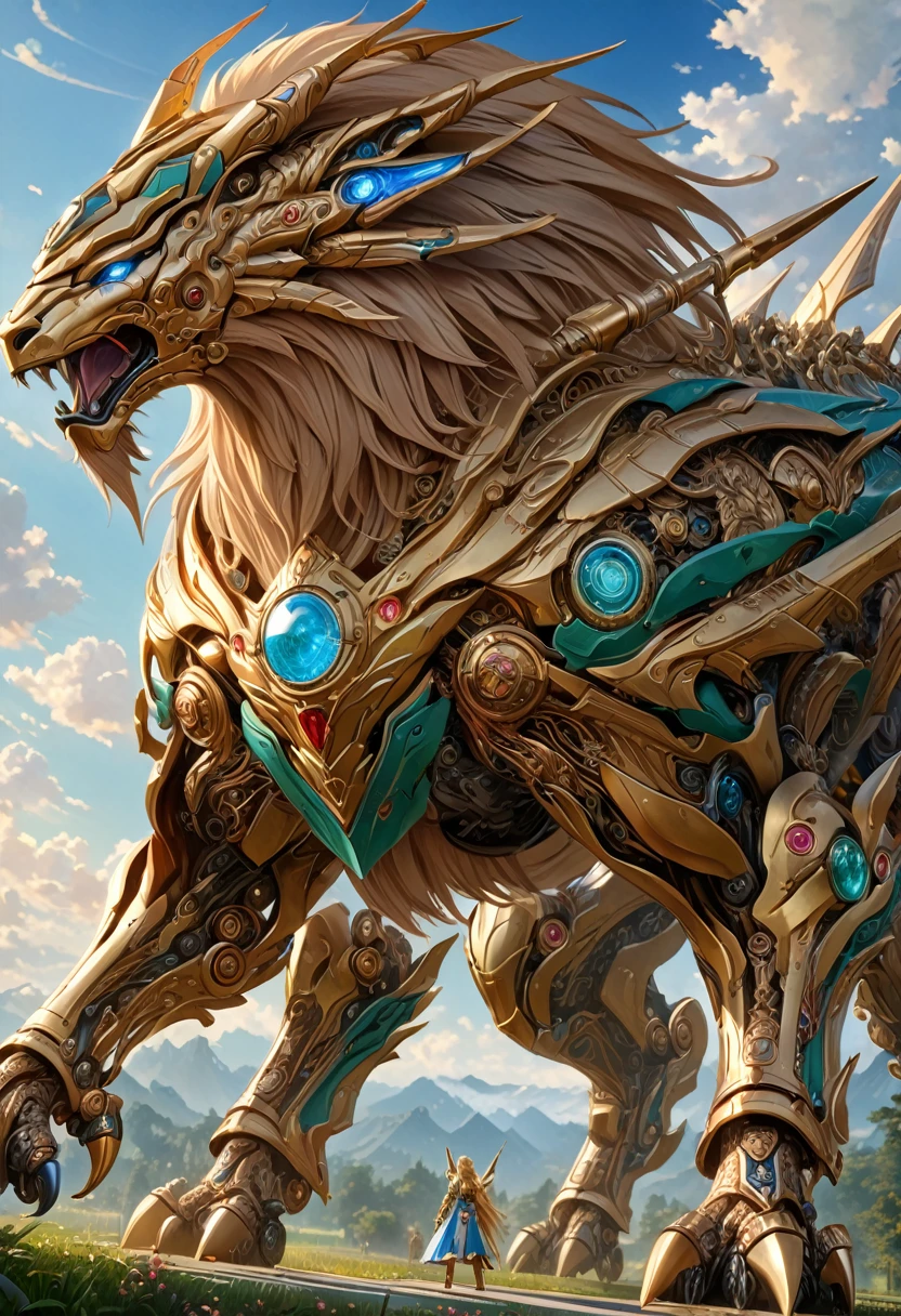 high details, best quality, 16k, [ultra detailed], masterpiece, best quality, (extremely detailed), full body, ultra wide shot, photorealistic, , fantasy art, dnd art, rpg art, realistic art, a wide angle, (((anatomically correct))) a wallpaper of an Princess Zelda, ready for battle with her mount (intense details, Masterpiece, best quality: 1.5),Princess Zelda (intense details, Masterpiece, best quality: 1.5), ultra detailed face, ultra feminine, fair skin, exquisite beauty, gold hair, long hair, wavy hair, small pointed ears, dynamic eyes color, wearing heavy mech armor, shinning metal, armed with elven sword, green meadows, blue skies background and some clouds background depth of field (intricate details, Masterpiece, best quality: 1.5), full body (intricate details, Masterpiece, best quality: 1.5), high details, best quality, highres, ultra wide angle, Mechanical Creatures