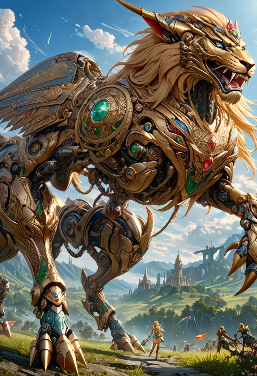 high details, best quality, 16k, [ultra detailed], masterpiece, best quality, (extremely detailed), full body, ultra wide shot, photorealistic, , fantasy art, dnd art, rpg art, realistic art, a wide angle, (((anatomically correct))) a wallpaper of an Princess Zelda, ready for battle with her mount (intense details, Masterpiece, best quality: 1.5),Princess Zelda (intense details, Masterpiece, best quality: 1.5), ultra detailed face, ultra feminine, fair skin, exquisite beauty, gold hair, long hair, wavy hair, small pointed ears, dynamic eyes color, wearing heavy mech armor, shinning metal, armed with elven sword, green meadows, blue skies background and some clouds background depth of field (intricate details, Masterpiece, best quality: 1.5), full body (intricate details, Masterpiece, best quality: 1.5), high details, best quality, highres, ultra wide angle, Mechanical Creatures