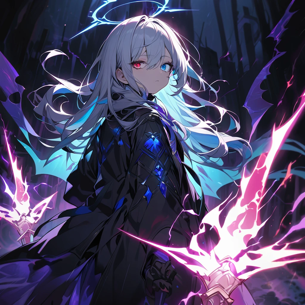 elementary, Shadow Surrounding Girl, lightning, Green Aura, Red aura, Purple aura, Flames surrounding the girl, masterpiece, Dark Theme, Highest quality, Maximum details, Very fine eye, Professional coloring, cinematic lightning, Remaining, Written boundary depth, Backlight, One Girl, Young girl, Silver Hair, Long Hair, Hair between the eyes, Black Halo, Shining blue sea, Blue Flame, Large, black, translucent magical wings on his back, Fantasy-inspired costumes, Black long coat, shirt, Black trousers, Expressionless, Heterochromia iridis, Deep purple left eye, Blue right eye, Odd Eye, Show a close-up of your face, Facing forward, Countless magical swords are floating, Slashing Effects, Hall々Stand with, There is a magic circle in my eyes