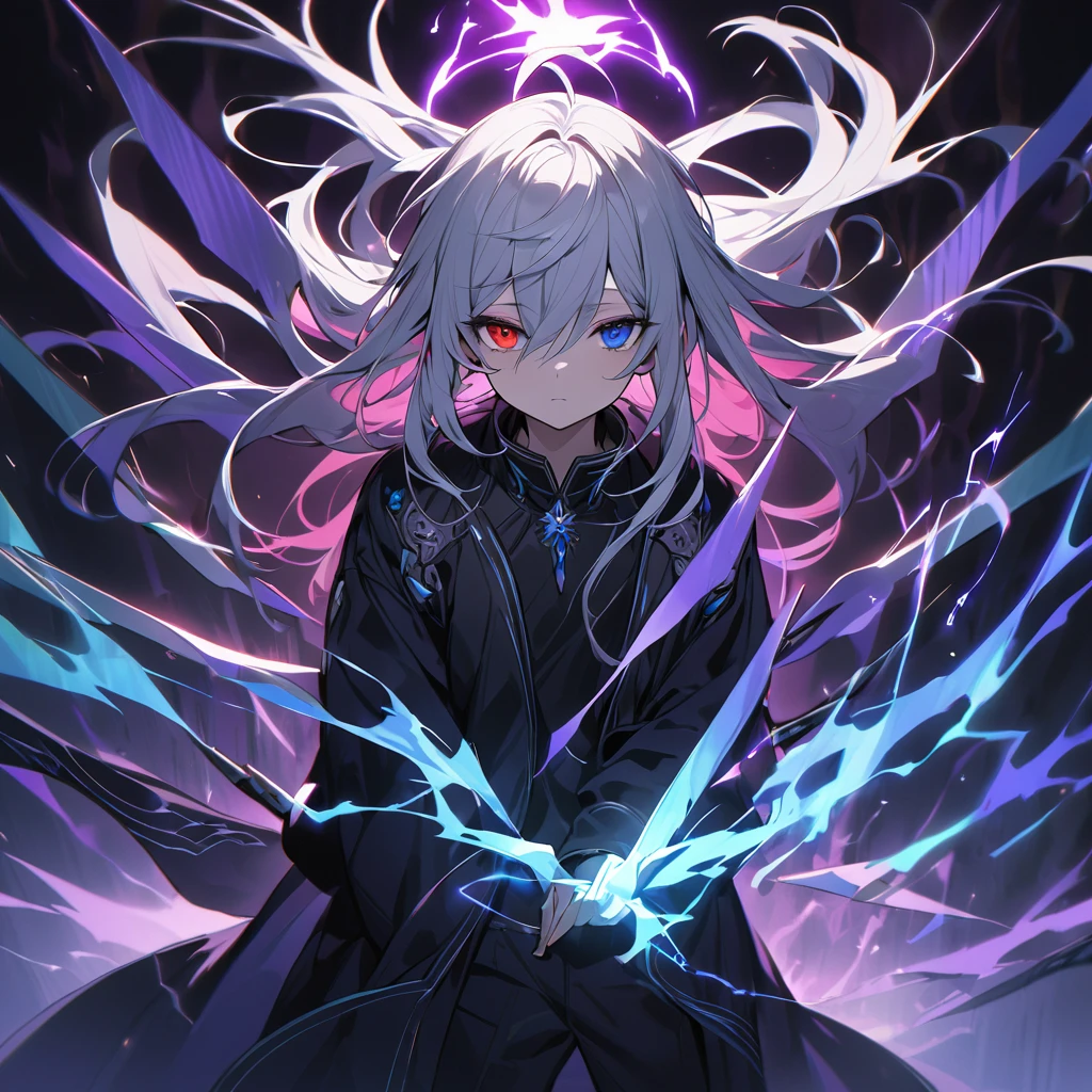 elementary, Shadow Surrounding Girl, lightning, Green Aura, Red aura, Purple aura, Flames surrounding the girl, masterpiece, Dark Theme, Highest quality, Maximum details, Very fine eye, Professional coloring, cinematic lightning, Remaining, Written boundary depth, Backlight, One Girl, Young girl, Silver Hair, Long Hair, Hair between the eyes, Black Halo, Shining blue sea, Blue Flame, Large, black, translucent magical wings on his back, Fantasy-inspired costumes, Black long coat, shirt, Black trousers, Expressionless, Heterochromia iridis, Deep purple left eye, Blue right eye, Odd Eye, Show a close-up of your face, Facing forward, Countless magical swords are floating, Slashing Effects, Hall々Stand with, There is a magic circle in my eyes