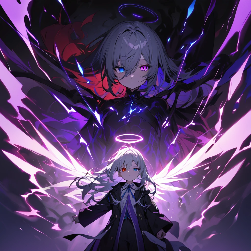 elementary, Shadow Surrounding Girl, lightning, Green Aura, Red aura, Purple aura, Flames surrounding the girl, masterpiece, Dark Theme, Highest quality, Maximum details, Very fine eye, Professional coloring, cinematic lightning, Remaining, Written boundary depth, Backlight, One Girl, Young girl, Silver Hair, Long Hair, Hair between the eyes, Black Halo, Shining blue sea, Blue Flame, Large, black, translucent magical wings on his back, Fantasy-inspired costumes, Black long coat, shirt, Black trousers, Expressionless, Heterochromia iridis, Deep purple left eye, Blue right eye, Odd Eye, Show a close-up of your face, Facing forward, Countless magical swords are floating, Slashing Effects, Hall々Stand with, There is a magic circle in my eyes