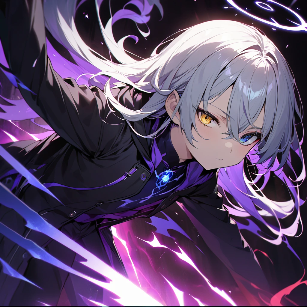 elementary, Shadow Surrounding Girl, lightning, Green Aura, Red aura, Purple aura, Flames surrounding the girl, masterpiece, Dark Theme, Highest quality, Maximum details, Very fine eye, Professional coloring, cinematic lightning, Remaining, Written boundary depth, Backlight, One Girl, Young girl, Silver Hair, Long Hair, Hair between the eyes, Black Halo, Shining blue sea, Blue Flame, Large, black, translucent magical wings on his back, Fantasy-inspired costumes, Black long coat, shirt, Black trousers, Expressionless, Heterochromia iridis, Deep purple left eye, Blue right eye, Odd Eye, Show a close-up of your face, Facing forward, Countless magical swords are floating, Slashing Effects, Hall々Stand with, There is a magic circle in my eyes