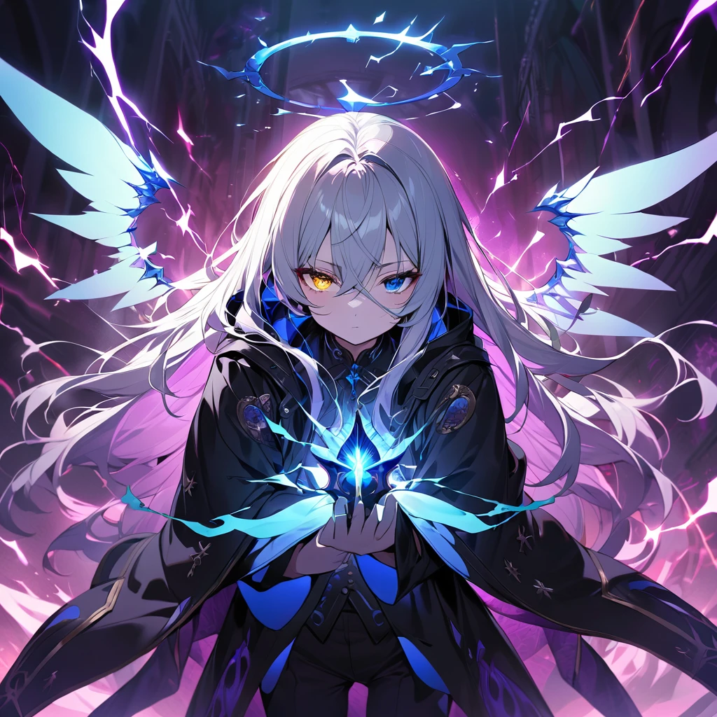 elementary, Shadow Surrounding Girl, lightning, Green Aura, Red aura, Purple aura, Flames surrounding the girl, masterpiece, Dark Theme, Highest quality, Maximum details, Very fine eye, Professional coloring, cinematic lightning, Remaining, Written boundary depth, Backlight, One Girl, Young girl, Silver Hair, Long Hair, Hair between the eyes, Black Halo, Shining blue sea, Blue Flame, Large, black, translucent magical wings on his back, Fantasy-inspired costumes, Black long coat, shirt, Black trousers, Expressionless, Heterochromia iridis, Deep purple left eye, Blue right eye, Odd Eye, Show a close-up of your face, Facing forward, Countless magical swords are floating, Slashing Effects, Hall々Stand with, There is a magic circle in my eyes