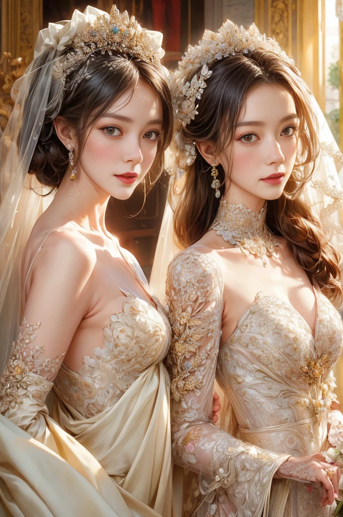 Illustration of two brides wearing wedding dresses with trains, Detailed fashion illustrations, Detailed clothing and face, luxury fashion illustration, complex costume design, Lovely clothing design, fashion design, robes! complex, By Jacka Kemp, Wang Weiwei haute couture, high fashion design, See all the details!, Look at that detail!, robe. Extremely high detail