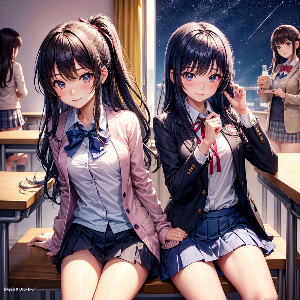 best quality,,smile,blazer,swimsuit,nepal,School,classroom,Collective of girls,JK,A girl taking off her uniform,Sexy and cute,Uniform of the Future,Ribbon on uniform,Evolution of fashion,middle School girlultiple girls are depicted,harem,idol group,starry sky background,photo shoot,long hair,wearing a cardigan,beautiful girlの国,girl's paradise,highest quality,big breasts,leather jacket,happy girl,horny girl,blue eyes,perfect face,standing position,She has her bangs down,fur jacket,Beautiful eyes,smooth hair,perfect eyes,beautiful girl,Angel Girl,multicolored hair colors,naughty girl,beautiful,High-dimensional beautiful girl,Multidimensional beautiful girl,gathering,Group、,