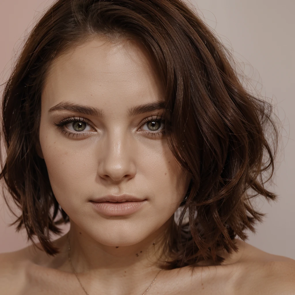 femme de 29 ans, cheveux longs bruns un peu bouclés, yeux marrons, visage parfait, maquillage professionnel comme modèle, C et portant un sweat