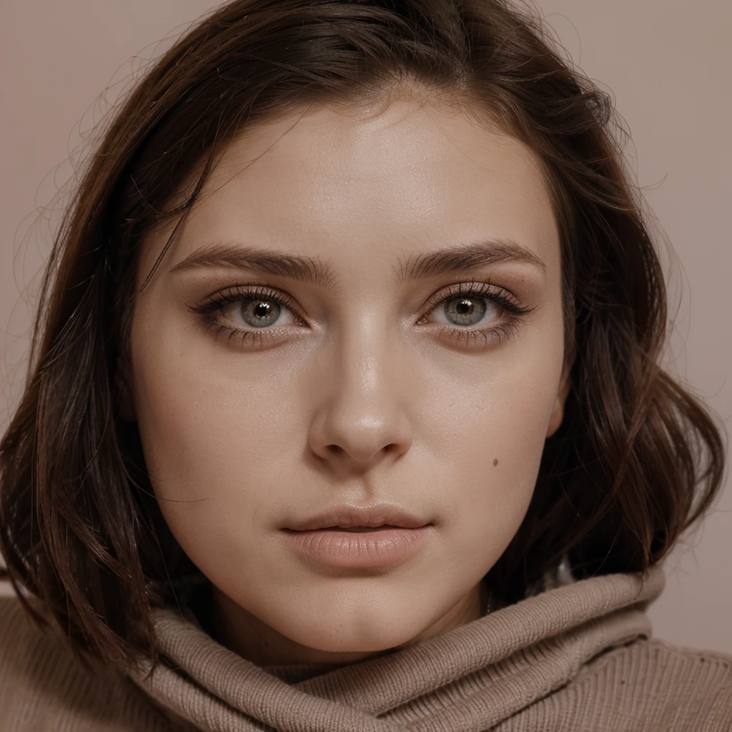 femme de 29 ans, cheveux longs bruns un peu bouclés, yeux marrons, visage parfait, maquillage professionnel comme modèle, C et portant un sweat