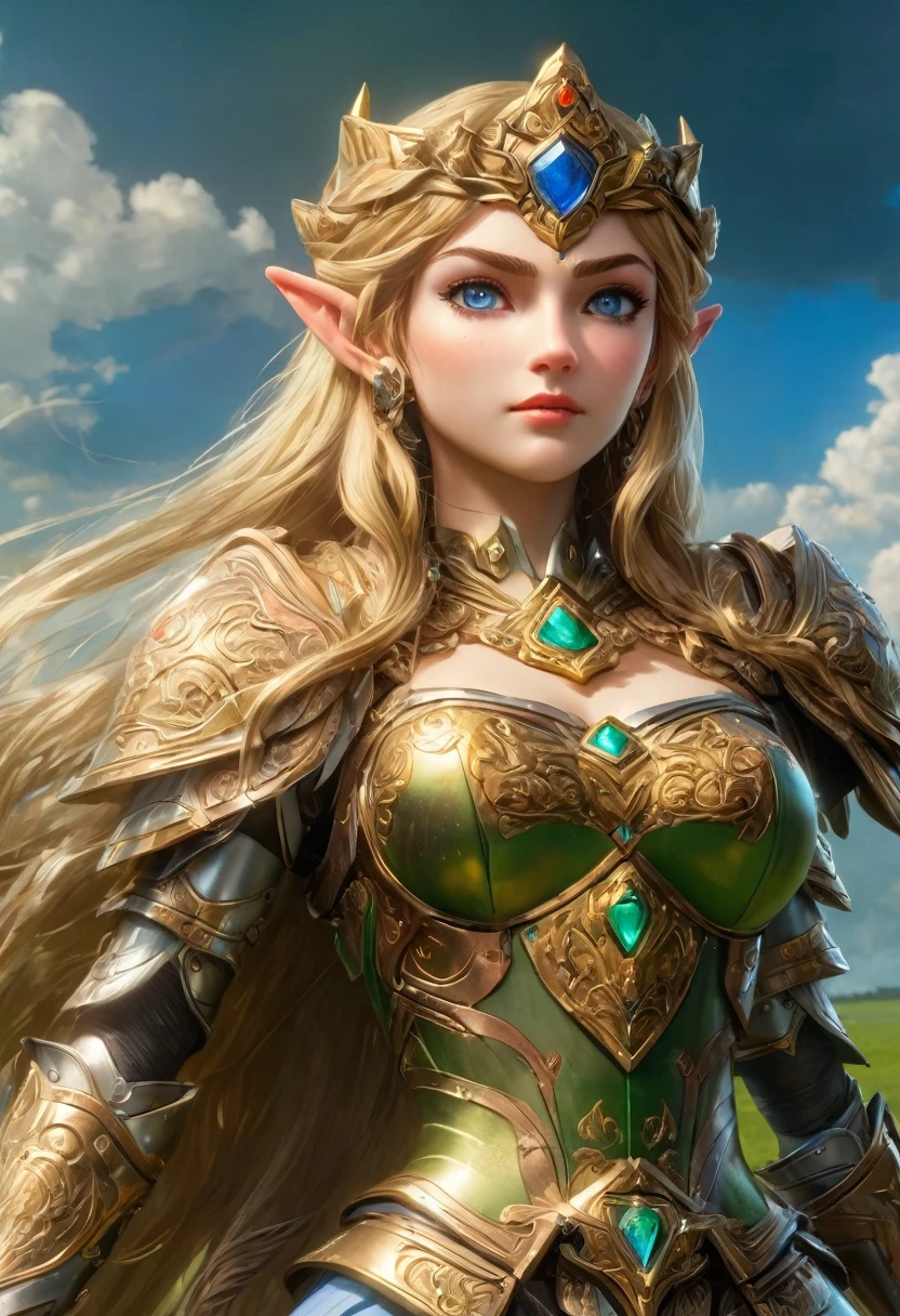 high details, best quality, 16k, [ultra detailed], masterpiece, best quality, (extremely detailed), full body, ultra wide shot, photorealistic, , fantasy art, dnd art, rpg art, realistic art, a wide angle, (((anatomically correct))) a wallpaper of an Princess Zelda, ready for battle with her mount (intense details, Masterpiece, best quality: 1.5),Princess Zelda (intense details, Masterpiece, best quality: 1.5), ultra detailed face, ultra feminine, fair skin, exquisite beauty, gold hair, long hair, wavy hair, small pointed ears, dynamic eyes color, wearing heavy mech armor, shinning metal, armed with elven sword, green meadows, blue skies background and some clouds background depth of field (intricate details, Masterpiece, best quality: 1.5), full body (intricate details, Masterpiece, best quality: 1.5), high details, best quality, highres, ultra wide angle, Mechanical Creatures
