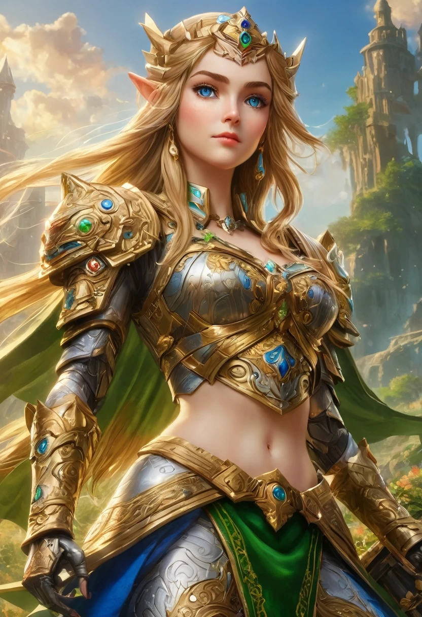 high details, best quality, 16k, [ultra detailed], masterpiece, best quality, (extremely detailed), full body, ultra wide shot, photorealistic, , fantasy art, dnd art, rpg art, realistic art, a wide angle, (((anatomically correct))) a wallpaper of an Princess Zelda, ready for battle with her mount (intense details, Masterpiece, best quality: 1.5),Princess Zelda (intense details, Masterpiece, best quality: 1.5), ultra detailed face, ultra feminine, fair skin, exquisite beauty, gold hair, long hair, wavy hair, small pointed ears, dynamic eyes color, wearing heavy mech armor, shinning metal, armed with elven sword, green meadows, blue skies background and some clouds background depth of field (intricate details, Masterpiece, best quality: 1.5), full body (intricate details, Masterpiece, best quality: 1.5), high details, best quality, highres, ultra wide angle, Mechanical Creatures