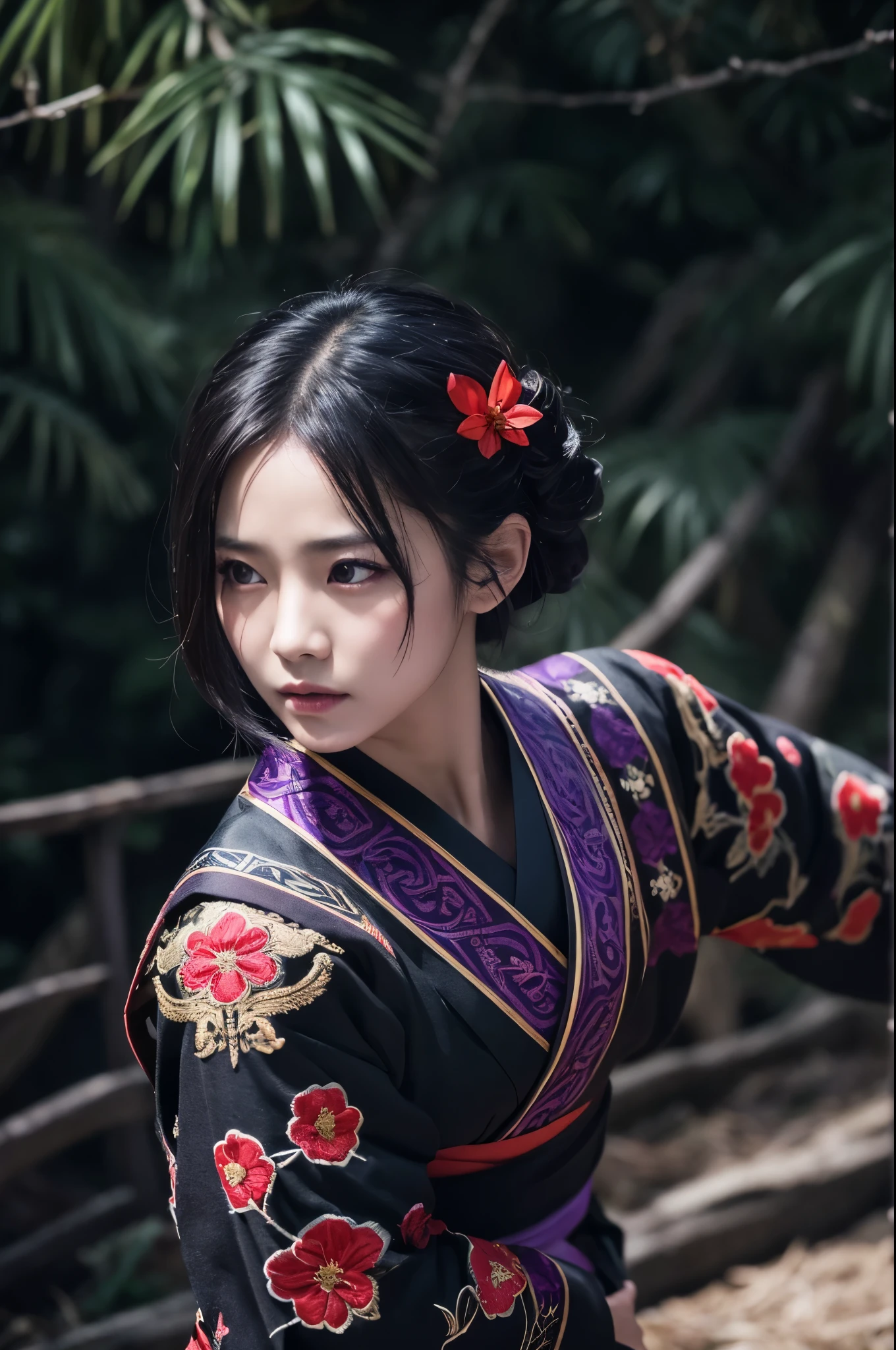 8K,Women in traditional Japanese costumes fighting,(Dark Shot:1.4), 80mm, (Dark Shot:1.4), 80mm, A magnificent reality, Big eyes,Black short bob hair,Black and purple butterfly hair ornament,Black kimono and red obi,Black and purple butterfly pattern(Intricate butterfly embroidery),Purple eyes(Purple Effect),mat, art,Horror movie lights, Photo Lab, High resolution, 複雑で非常にdetailed, (Depth of written border:1.4), (Dark Shot:1.22), (artステーション:1.2), 超detailedな, dramatic, Intricate details, (Technicolor:0.9), (Rutkowski:0.8), Like a horror movie, detailed, Soft Light, sharp, Exposure Blending, Medium Shot, (Noir:0.4), horror light,sharp, Exposure Blending、Medium Shot,Photorealistic RAW photos of the highest quality。Backlight, Cinema Lighting, Film Grain, to be born, 50mm lens, Nikon D850,Realistic Skin,ファンタジーart,キャラクターart,超High resolution,Muscular and slim body,in the forest,super Realistic Skin,Late Night,Underworld demon makeup,Demon Makeup,Battle Scenes,Action Scenes,Action pose,激しいAction pose,fierce fighting,Holding a dagger,Acrobatic pose,Fighting Style,flower,