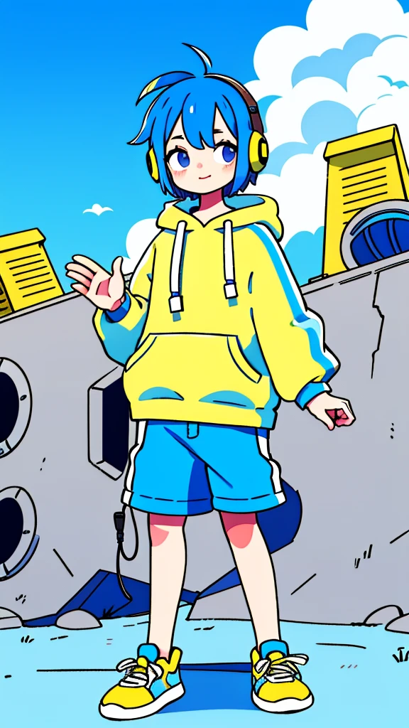 Mash Hair Short Hair Blue hair Wearing a blue hoodie I'm wearing headphones 1 male smile Yellow irises Narrow eyes cheeks are white The whole body is shown Looking into the distance Waving one hand up The whole body is on camera