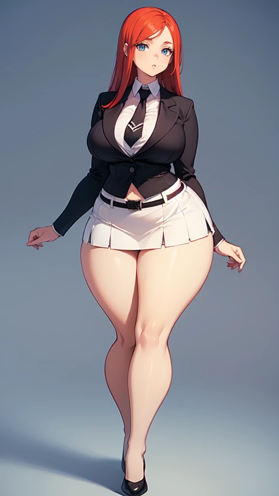 blank background, (((full body))), (masterpiece), ((best quality)), ((tall girl)), straight hair (curvy:1.6), (short skirt), shoes, belt below navel, redhead hair,, (black suit and tie), wide hips