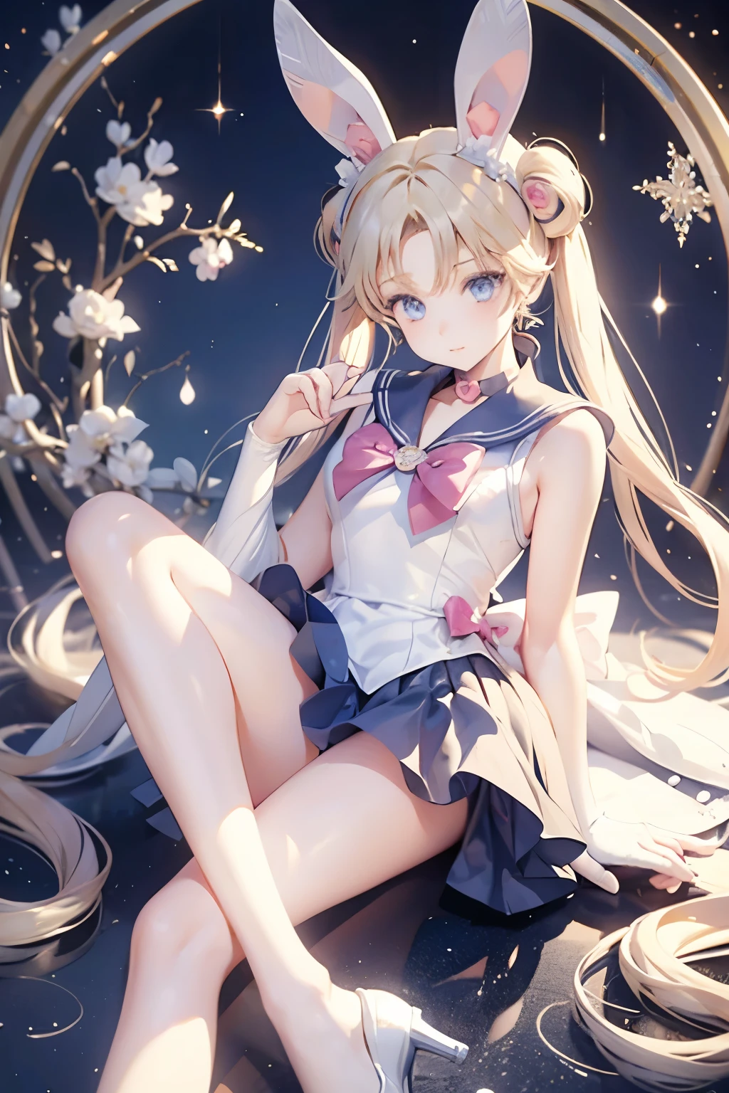 tsukino usagi, blonde hair, blue eyes, bunny ears, rabbit costume, woman, beautiful girl, bows, heels, kemonomimi, long hair, playboy bunny outfit, shoes two bows, two pigtails, usagimimi