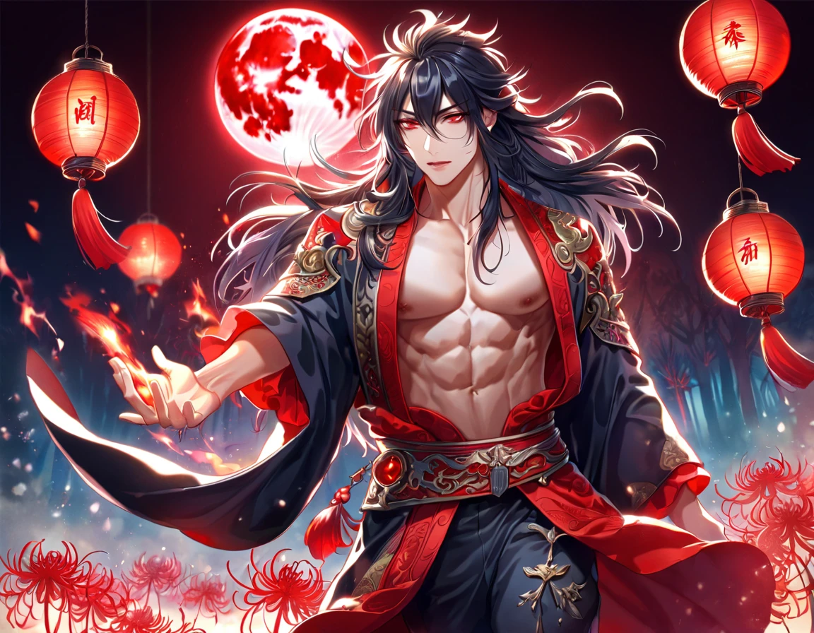 absurdres, highres, ultra detailed, HDR, master piece, best quality, extremely detailed face, delicated features, Xue Yu, untamed spiky hair, black hair, long hair, hair between the eyes, expressive red eyes, Thousand Years War, solo, sexy man, handsome, toned chest, black haori, red fantasy robes, black pants, red moon, red blood, fantasy, magic, envy magical, forest, red spider lilies, red lanterns, red fire, red floating round lights