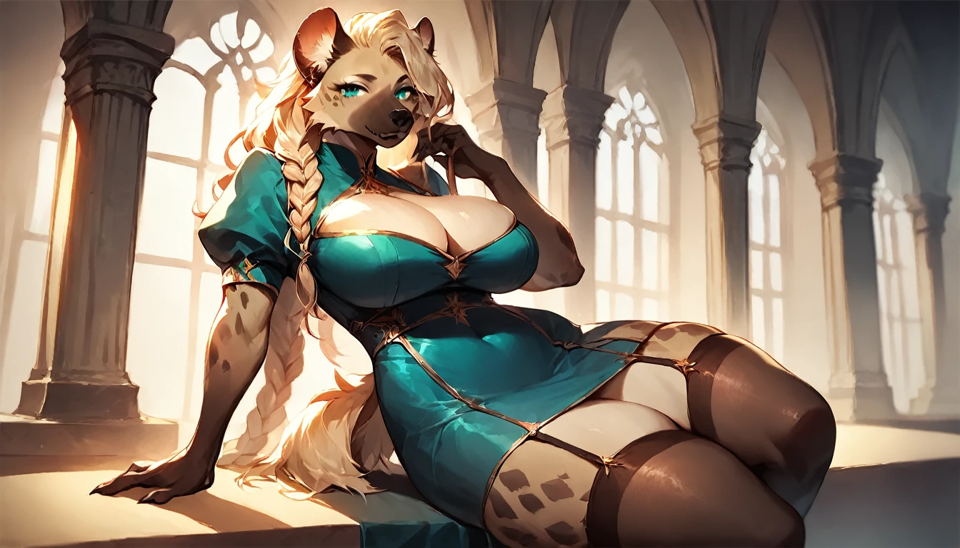 score_9, score_8_up, score_7_up, score_6_up, score_5_up, score_4_up, (solo), female anthro hyena, tight dress, lusty, fluffy body, long blond hair, turquoise eyes, (thick thighs:1.5)((( offering the breasts))) sex partial clothes, (((cleavage))) semi-butonned uniform niform, (barely_visible_booba) (she is sitting) , giant breasts, garter belt tights