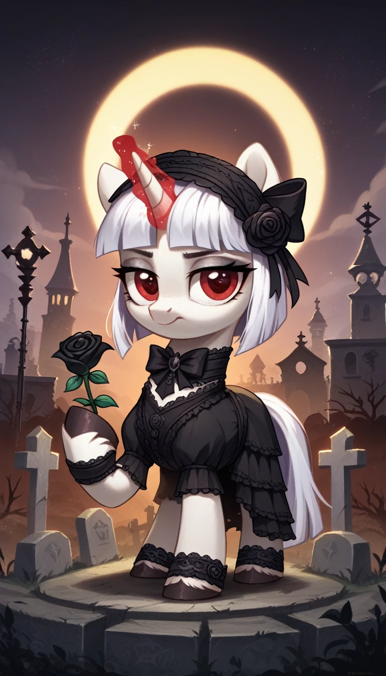 score_9,score_8_up,score_7_up,score_6_up, filly, unicorn, white fur, red eyes, Gothic pony, lolita fashion, glowing backlight, fashion show, graveyard, glitter, whimsical, enchanted, magical, fantasy art concept, intricate details, holding a black rose with unicorn magic