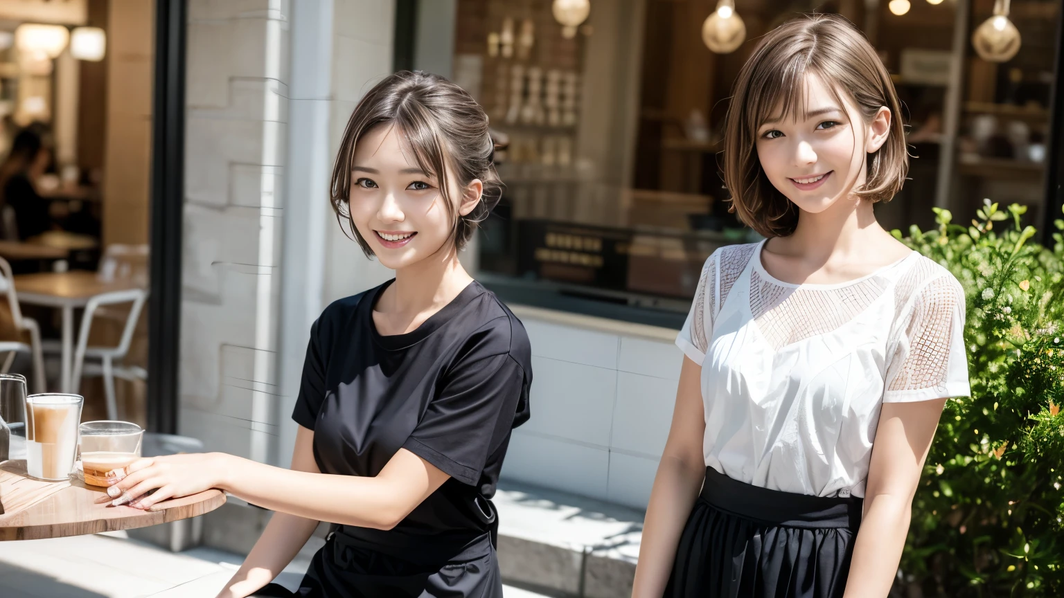 super high quality, Slenderのネックレス, Slender, Gravure photoshoot, The staff is working at the counter in the back., (8K、RAW Photos、Highest quality、masterpiece:1.2), Japanese Idol, Stylish café, The cafe is crowded with people enjoying themselves., (Realistic、Photorealistic:1.37), Mesh Hair, Urban Cafe, Golden Ratio, Raw photo, Cute face , Light Brown Hair, Small breasts, Bright cafe interior, Summer clothes, Cafe Terrace, Open Cafe, A kind smile, Hair blowing in the wind, boyish, Very Short Hair, 18-year-old, younger sister, Gal Fashion,