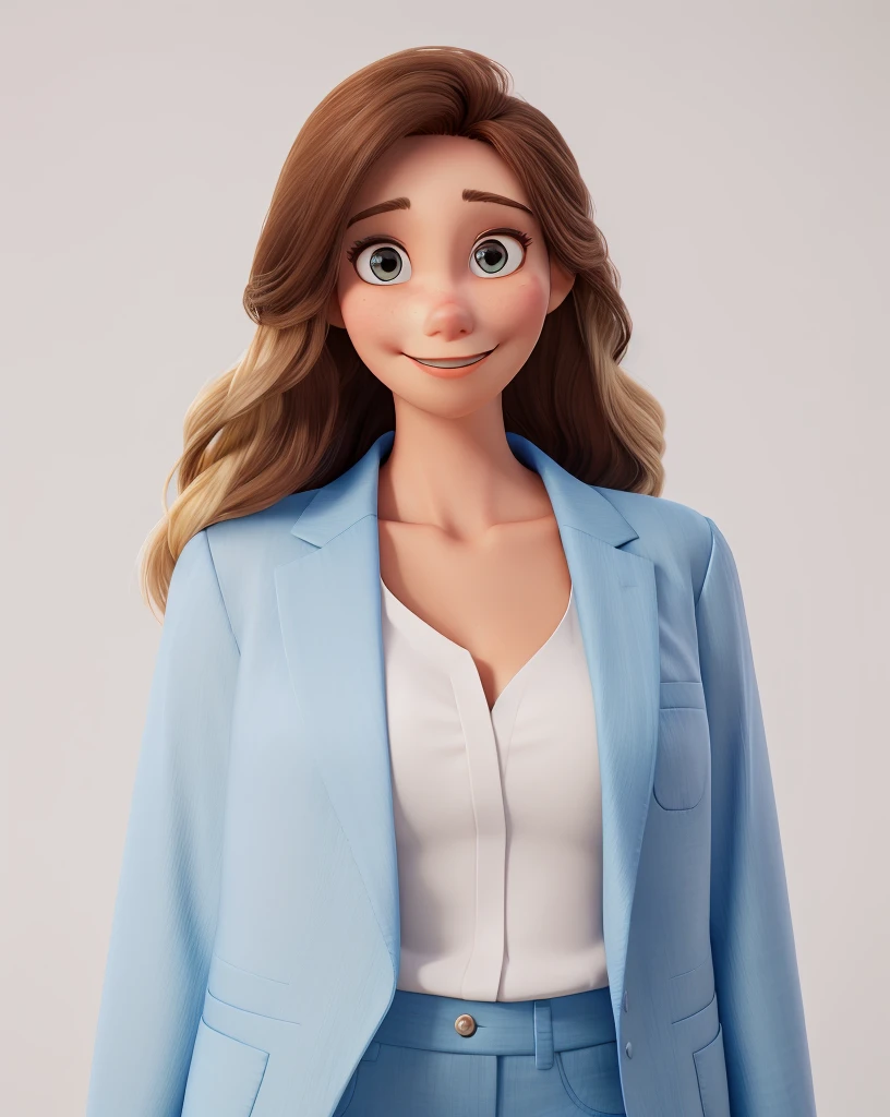 Cartoon character of a woman in formal wear and white shirt with sky blue jacket, facing the camera, with long layered hair, brown with blonde a Cartoon character, cute, stylized character, animation style rendering, 3D stylized, 3D Character