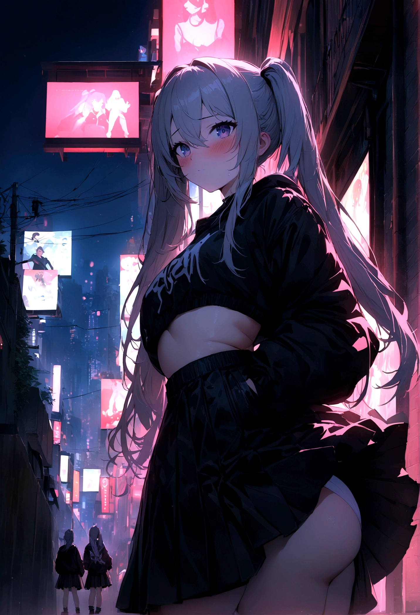 masterpiece, best quality, HuTaoV4, 1girl, solo, blush, twintails, long hair, hair between eyes, ((streetwear clothes)), city, outdoors, night, movie poster, extremely detailed 8K, smooth, high resolution, ultra quality, cinematic lighting, ambient occlusion, hd, 2k, 4k, 8k, 16k, extremely detailed anime, detailed faces, perfect composition, wide shot, atmospheric lighting, very sexy, lift skirt, random low back angle, uncensored, nsfw, sin censura