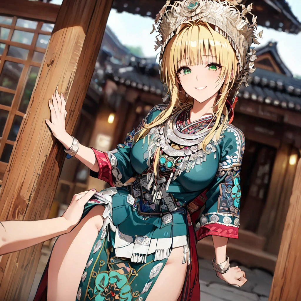 ((Highest quality)), ((masterpiece)), (detailed), （Perfect Face）、The woman is a Tier, with green eyes, medium blonde hair, ethnic medicine and a gorgeous hat.、Smiling with a gentle smile、The woman is being shown her outfit、The whole body is in the frame