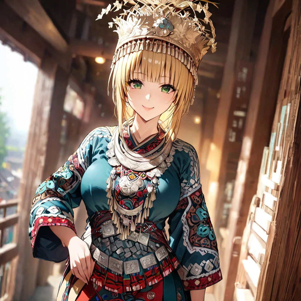 ((Highest quality)), ((masterpiece)), (detailed), (Perfect Face)、The woman is a Tier, with green eyes, medium blonde hair, ethnic medicine and a gorgeous hat.、Smiling with a gentle smile、The woman is being shown her outfit、The whole body is in the frame