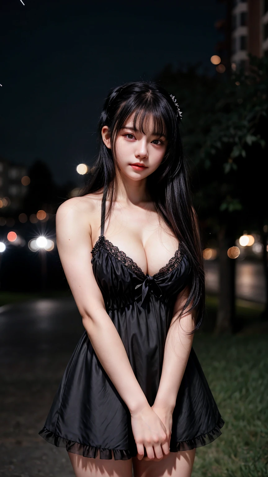 1 Girl, Beautiful, Baby Face, 20 Years Old, White Skin, Pose, Cleavage, Perfect Black Lolita Dress, Black Eye, Muscles:1.3, Outdoor, Bokeh:1.1, Drill Hair, Tied Hair, ((Black Coloured Hair)), Black Coloured, ((Night:1.3))