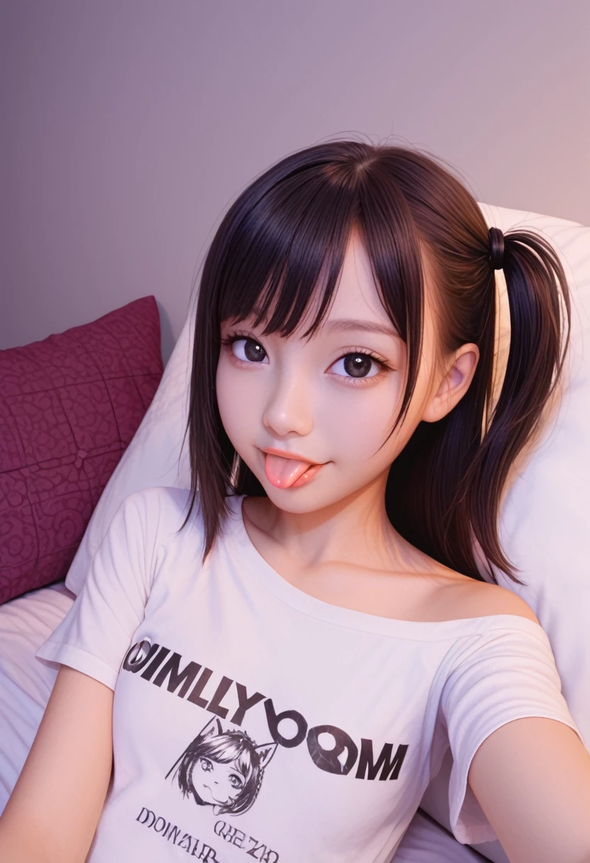 pastel colors t-shirt,off-shoulder look,bare shoulder,ollarbone,midriff peek,micro shorts,open mouth,(tongue out:2),lying,Selfie,front view,upper body,(1girl,Beautiful 14 year old girl),((Slender,Small breasts,Small face,)),(looking at viewer),Black Hair,bangs,one side up,Beautiful and detailed,(Dimly lit room:1.5),Simple Background,White bed,pillow,Mischievous smile