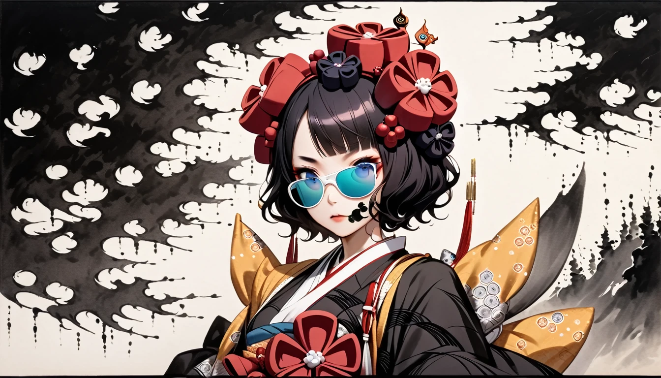 (((Katsushika Hokusai))), (((Ink Painting))), ((Japanese style headphones)), (((Japanese pattern paint on face))), ((Light colored sunglasses))