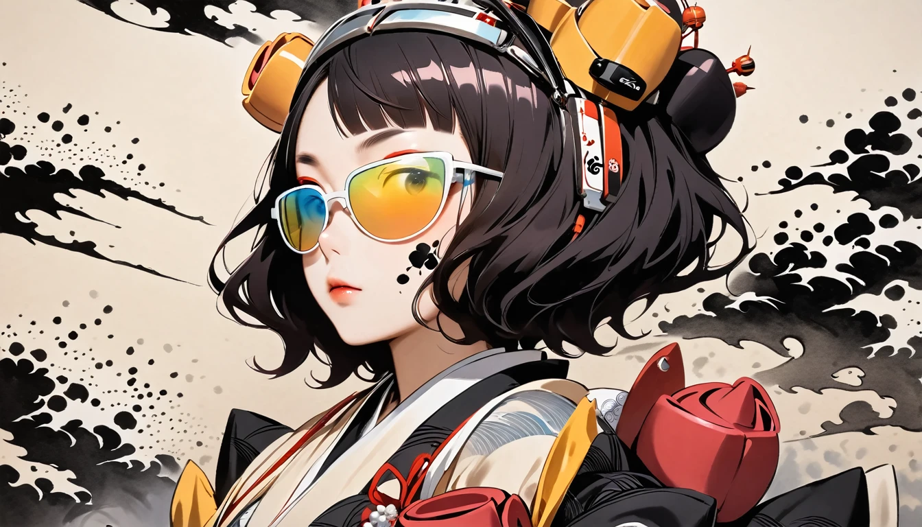 (((Katsushika Hokusai))), (((Ink Painting))), ((Japanese style headphones)), (((Japanese pattern paint on face))), ((Light colored sunglasses))