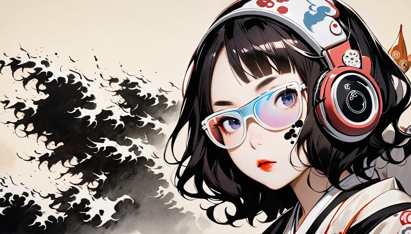 (((Katsushika Hokusai))), (((Ink Painting))), ((Japanese style headphones)), (((Japanese pattern paint on face))), ((Light colored sunglasses))