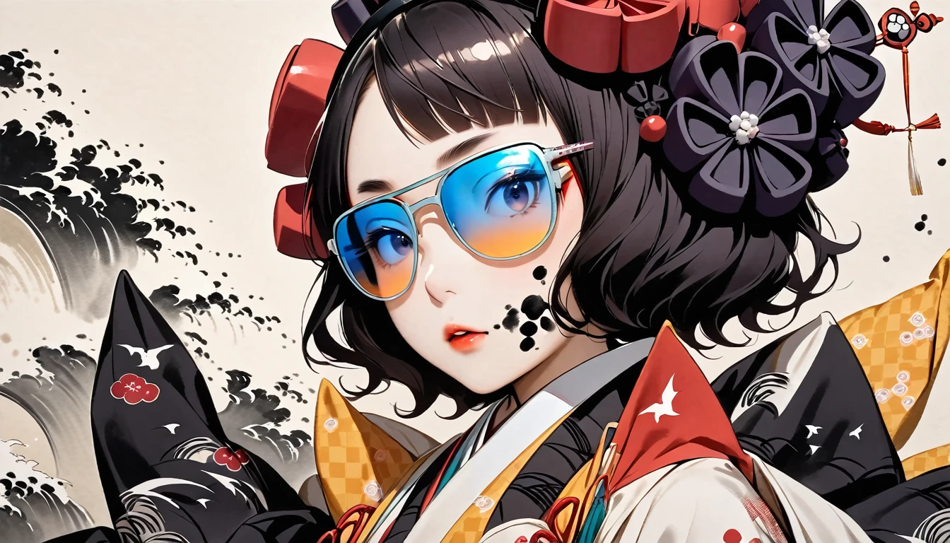 (((Katsushika Hokusai))), (((Ink Painting))), ((Japanese style headphones)), (((Japanese pattern paint on face))), ((Light colored sunglasses))