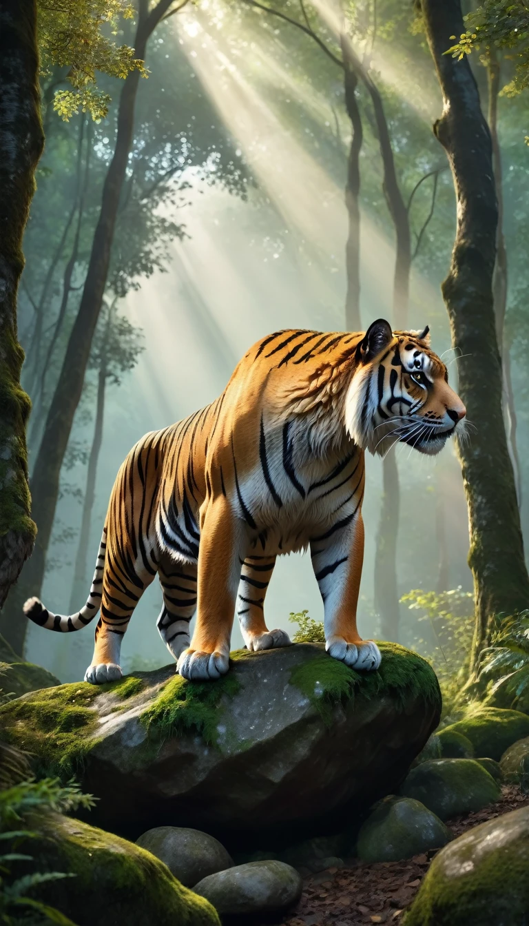 Panorama,A wild beast is sitting on a rock in the forest,The tail of the cow,The body of a tiger(best quality,4K,8K,High level,masterpiece:1.2),Ultra Detailed,(lifelike,Photo real,Photo real:1.37),Highly detailed animals,Complex patterns,Realistic lighting,Fantasy Creatures