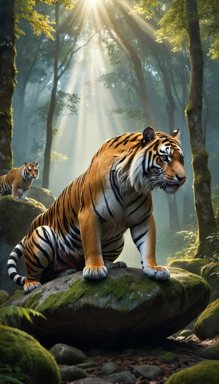 Panorama,A wild beast is sitting on a rock in the forest,The tail of the cow,The body of a tiger(best quality,4K,8K,High level,masterpiece:1.2),Ultra Detailed,(lifelike,Photo real,Photo real:1.37),Highly detailed animals,Complex patterns,Realistic lighting,Fantasy Creatures
