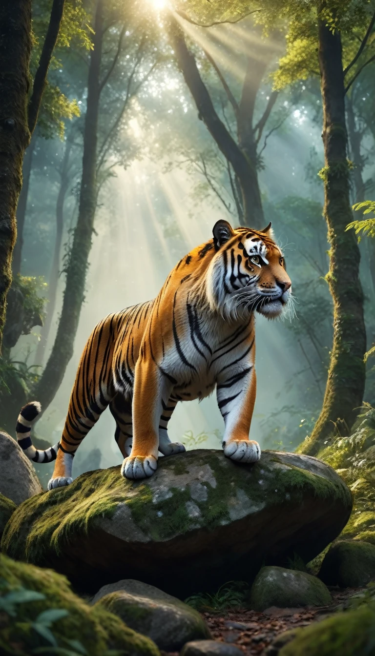 Panorama，A wild beast is sitting on a rock in the forest，The tail of the cow，The body of a tiger（best quality，4K，8K，High level，masterpiece：1.2），Ultra Detailed，（lifelike，Photo real，Photo real：1.37），Highly detailed animals，Complex patterns，Realistic lighting，Fantasy Creatures